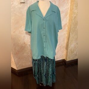 NWT Blair 2XL Teal Button-Up Shirt and Patterned Skirt Set